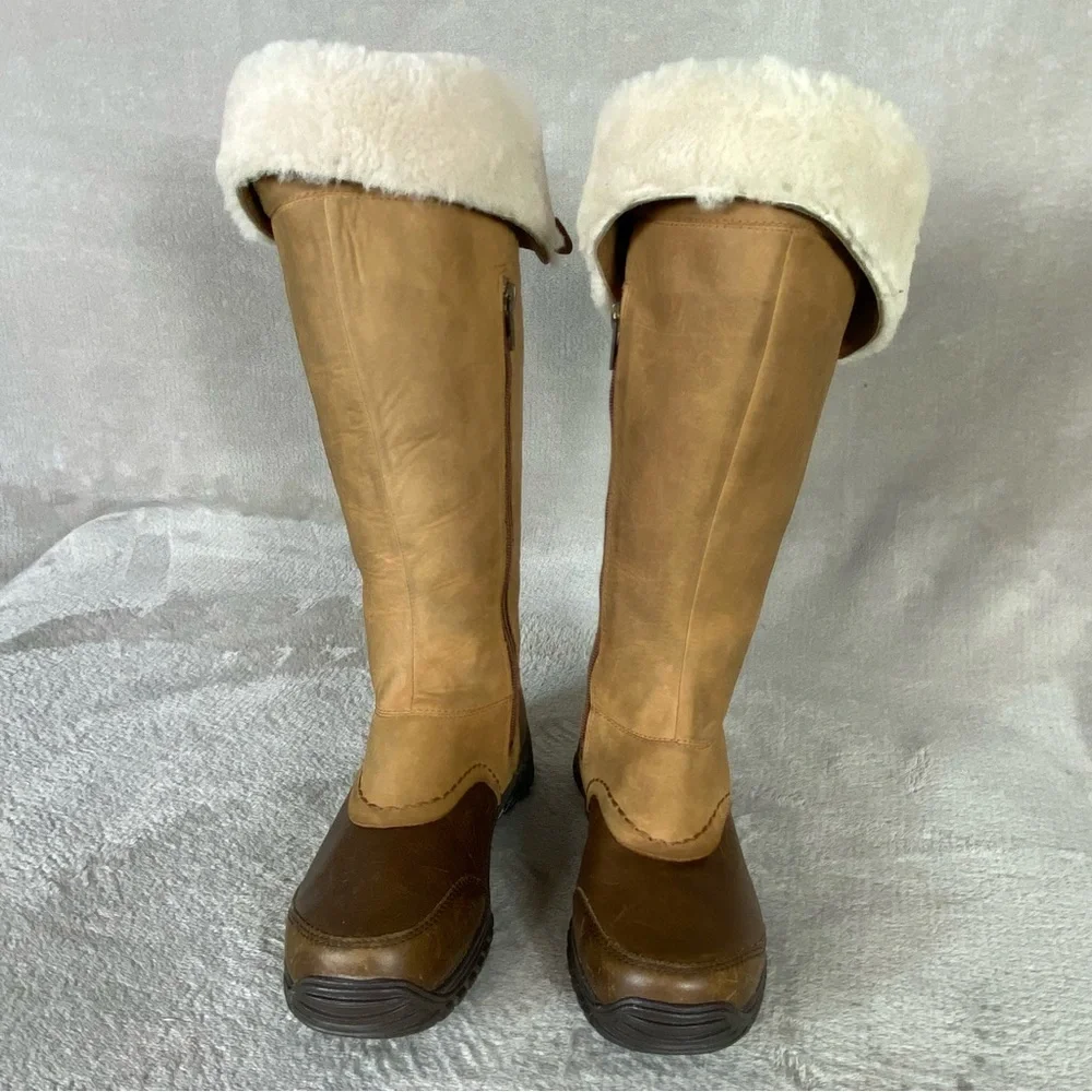 UGG Miko Tall Boots Womens Size 5 Brown Shearling Lined Leather Zip Vibram‎
